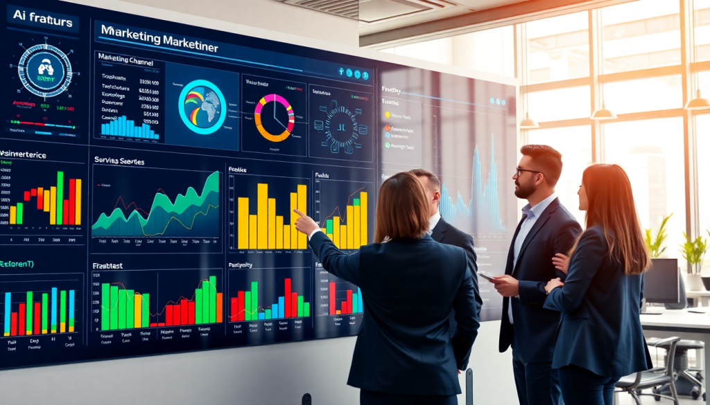 Marketing team using AI data visualization tool for automated dashboard creation and cross-channel performance tracking with TapClicks AI platform, showcasing marketing intelligence automation and campaign performance insights.