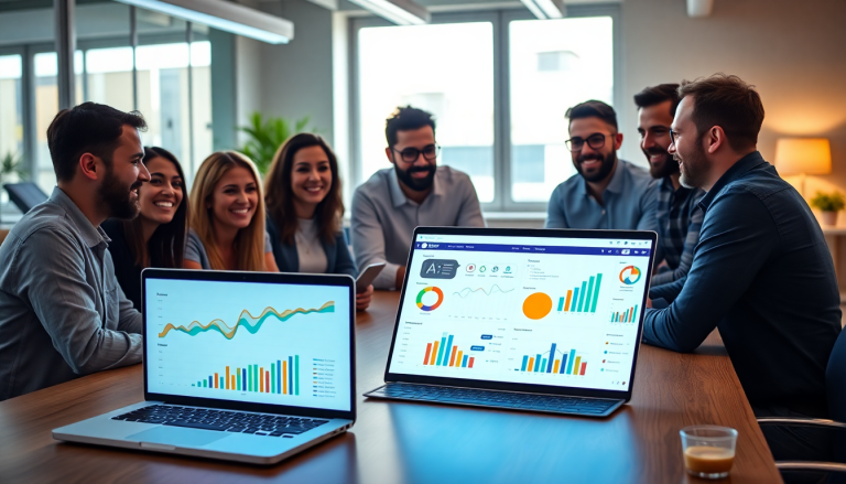 Marketing team utilizing an AI data visualization tool, including automated dashboard creation and cross-channel performance tracking, to gain campaign performance insights and improve ROI tracking with the TapClicks AI platform.