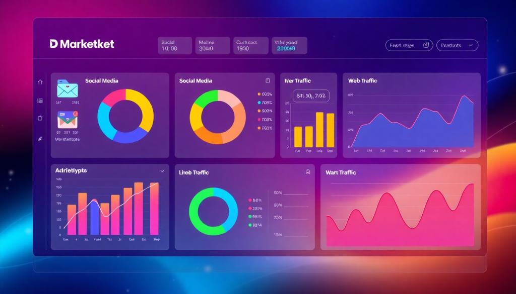 Digital marketing KPI dashboard displaying marketing metrics visualization, performance tracking, campaign KPI monitoring, automated reports, cross-channel analytics, ROI tracking, digital campaign reporting, AI-driven insights, and interactive performance metrics.