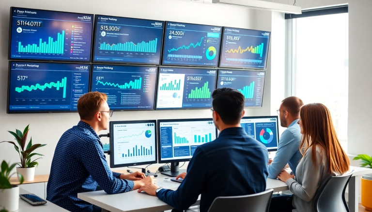 Team analyzing data on a client dashboard platform with automated marketing reports, showcasing a NinjaCat alternative and cross-channel reporting tool for agencies.