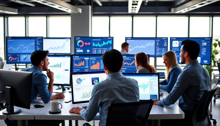 An agency team using a cross-channel reporting tool in a modern office, showcasing alternatives to NinjaCat and Supermetrics for campaign performance tracking and automated marketing reports.