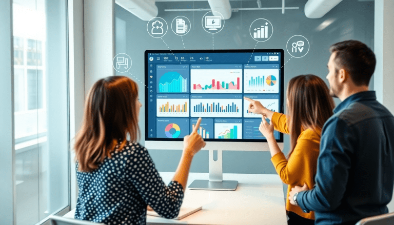 Group analyzing a marketing analytics dashboard on a large screen, showcasing automated performance reports and agency reporting automation with insights into cross-channel analytics, performance marketing KPIs, and digital marketing data visualization.