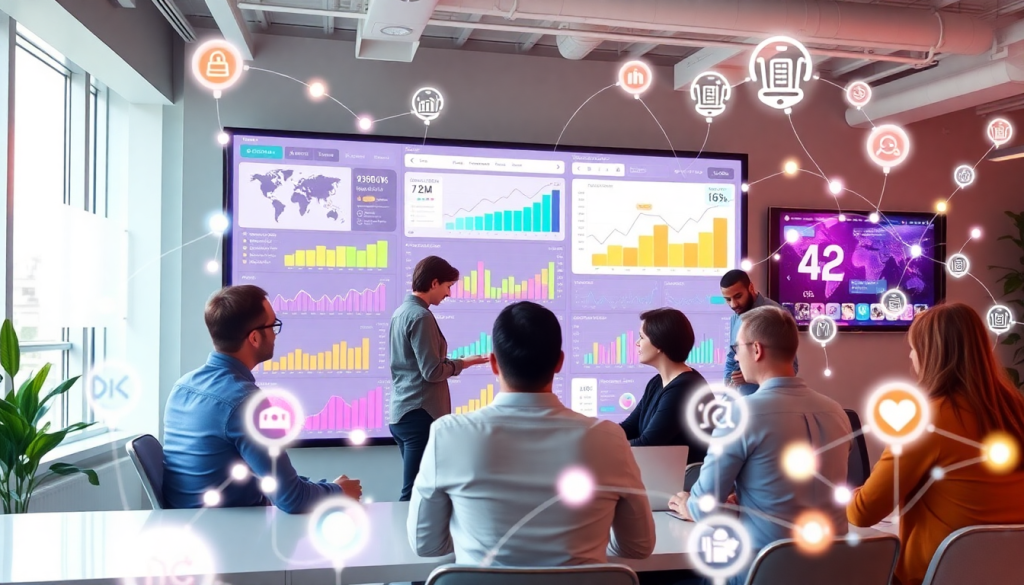"Team collaborating in a modern office with a large digital screen displaying a marketing dashboard focusing on automation, AI-powered analytics, and multi-channel data aggregation."