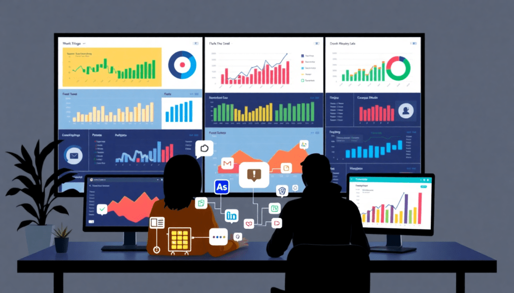 Multi-channel analytics dashboard displaying cross-channel marketing analytics, performance tracking, and marketing data aggregation with campaign performance visualization, integrated marketing metrics, and automated marketing insights for an omnichannel analytics solution.