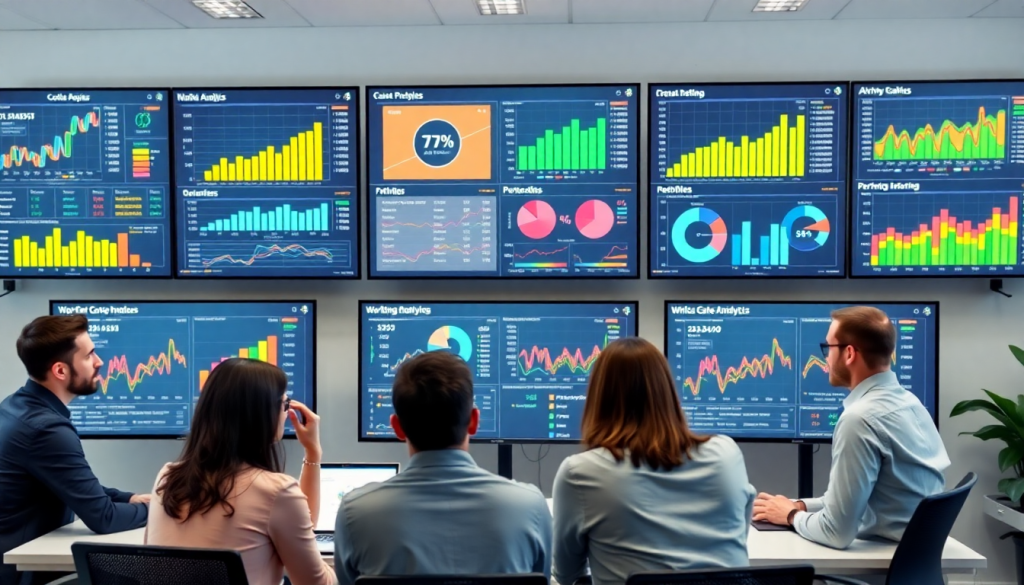 Marketing analysts reviewing digital marketing data visualization on multiple screens displaying marketing analytics dashboards, performance marketing KPIs, and cross-channel analytics for client dashboard insights and agency reporting automation.