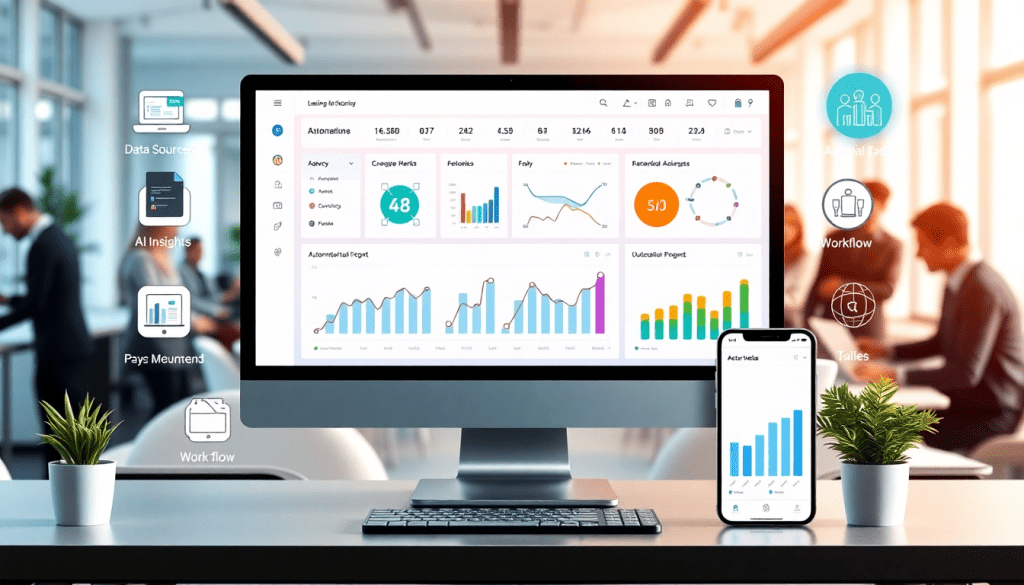 A modern office setup showing a digital marketing analytics dashboard on a desktop and mobile screen, illustrating automated performance reports and agency reporting automation for client dashboard insights and cross-channel analytics, similar to a TapClicks reporting platform and viewed as a Funnel.io alternative for reporting automation for agencies and digital marketing data visualization, tracking performance marketing KPIs.