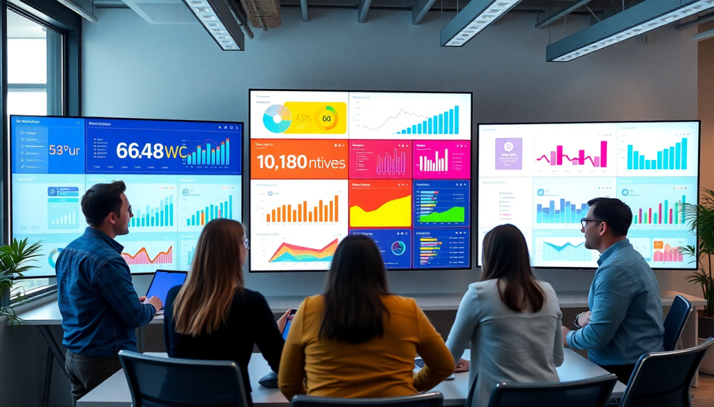 Group of people analyzing data on a white-label marketing dashboard for agencies featuring customizable client dashboards and automated data visualization for performance tracking and agency reporting.