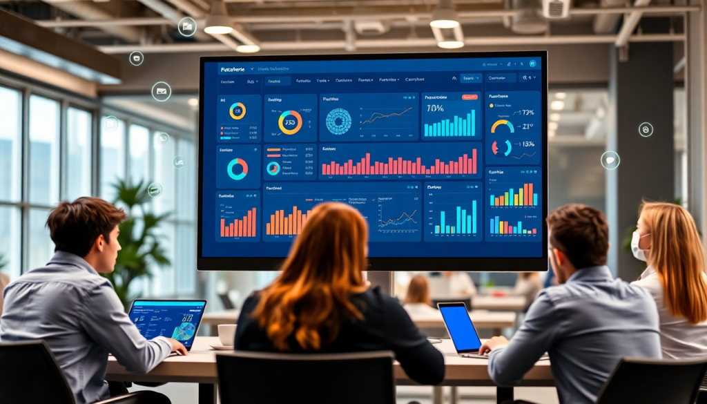 Team analyzing a TapClicks marketing dashboard featuring AI-powered dashboard creation and real-time marketing analytics for multi-channel data aggregation and report scheduling automation.