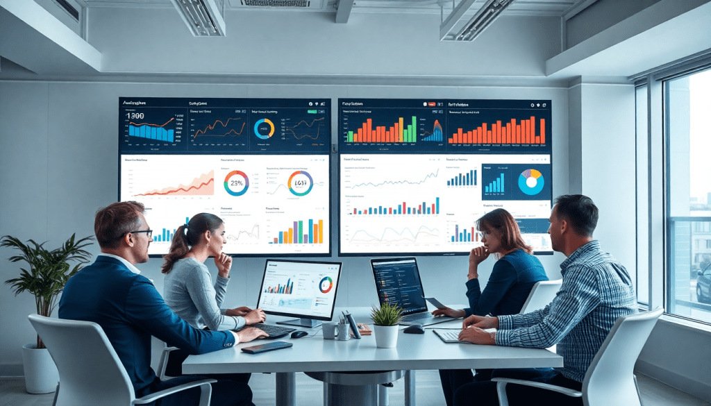 Team discussing performance marketing reporting software with an automated campaign reporting and performance analytics tool displayed on screen, showcasing ad spend optimization dashboard, ROAS tracking platform, and conversion rate analytics for digital advertising insights.