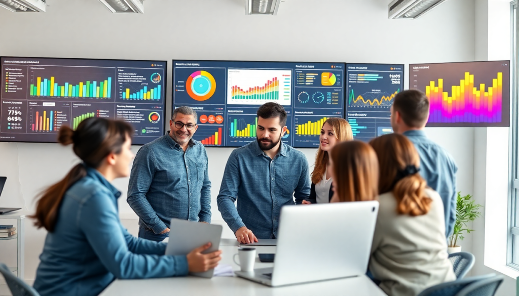 Marketing team discussing campaign performance insights using AI data visualization tool, featuring AI-powered dashboards, cross-channel visualization, and real-time marketing metrics for automated marketing analytics and interactive data reports.