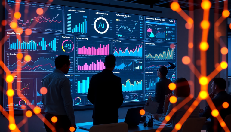 A team reviews a marketing dashboard featuring real-time analytics and AI-powered data visualization, highlighting automated reporting workflows and campaign performance on a TapClicks platform for multi-channel marketing automation.