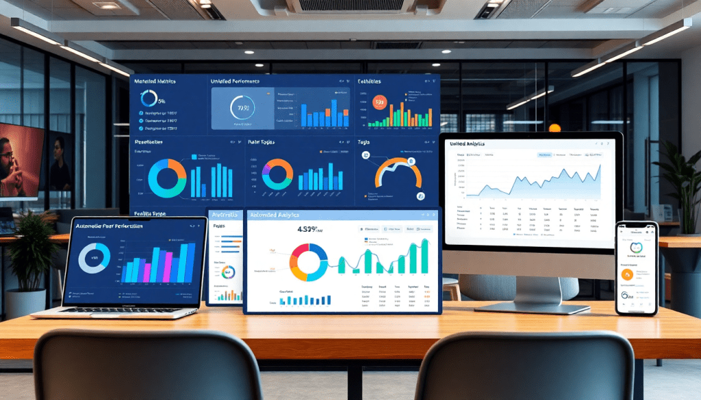 Modern marketing analytics dashboard with multiple screens displaying automated performance reports, cross-channel analytics, and digital marketing data visualization, ideal for agency reporting automation and providing client dashboard insights.