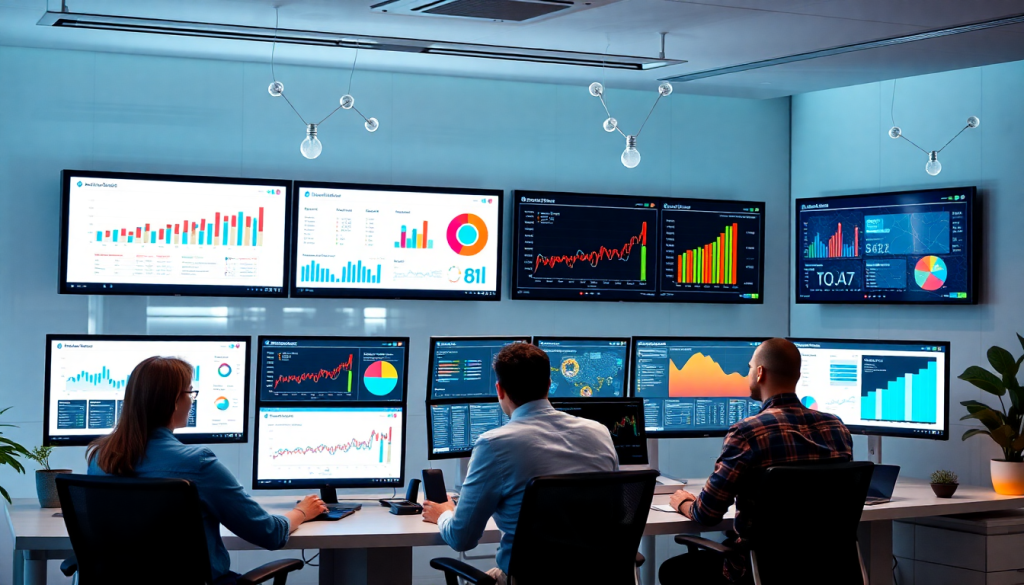 Modern office showcasing a cross-channel reporting tool with multiple screens displaying analytics and charts, ideal for agencies seeking a NinjaCat alternative and automated marketing reports.