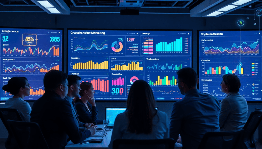 Marketing team using AI data visualization tool for marketing analytics automation, AI reporting assistant, automated dashboard creation, cross-channel performance tracking, client analytics automation, and ROI tracking dashboard on TapClicks AI platform for enhanced campaign performance insights and marketing intelligence automation.