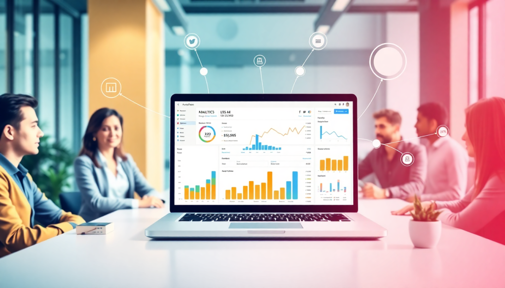 Laptop displaying analytics dashboard for agency reporting automation, highlighting campaign performance tracking and cross-channel reporting, surrounded by professionals in a meeting room.