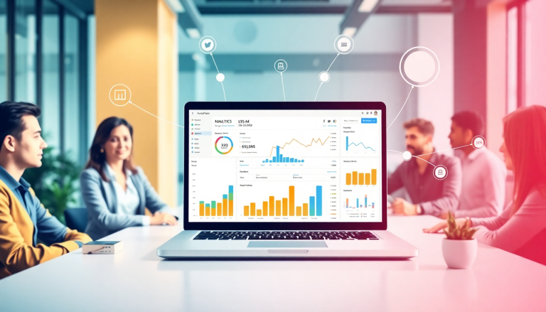 Laptop displaying analytics dashboard for agency reporting automation, highlighting campaign performance tracking and cross-channel reporting, surrounded by professionals in a meeting room.
