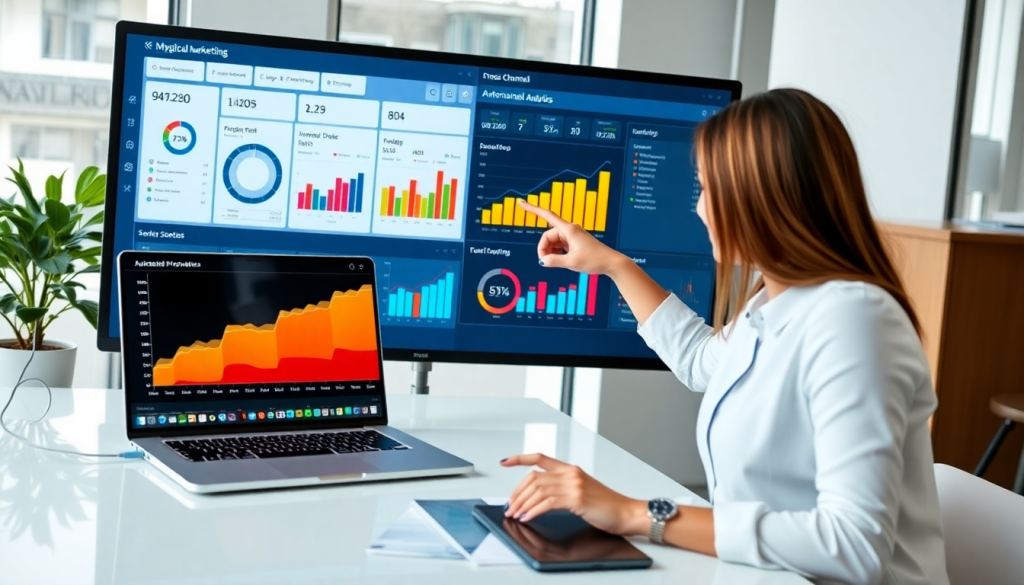 Marketing professional analyzing digital marketing data visualization on a multi-channel analytics dashboard for automated performance reports and agency reporting automation.