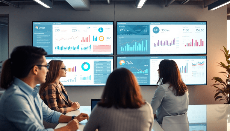 Marketing team reviewing AI data visualization tool, featuring automated marketing analytics, AI-powered dashboards, and cross-channel visualization for campaign performance insights in real-time.