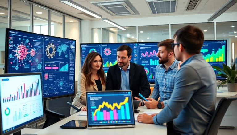 Marketing team using AI data visualization tool for marketing analytics automation, featuring automated dashboard creation, cross-channel performance tracking, client analytics, ROI tracking dashboard, and campaign performance insights on the TapClicks AI platform.