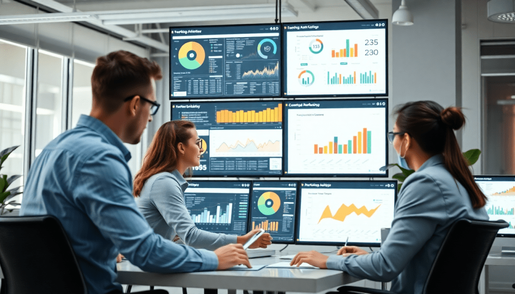 Team analyzing data on digital screens for automated marketing reports, showcasing NinjaCat alternatives and cross-channel reporting tools in a modern agency setting.