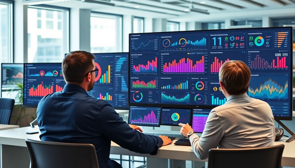 Marketing team analyzing an automated KPI reporting dashboard for real-time performance insights and cross-channel analytics.