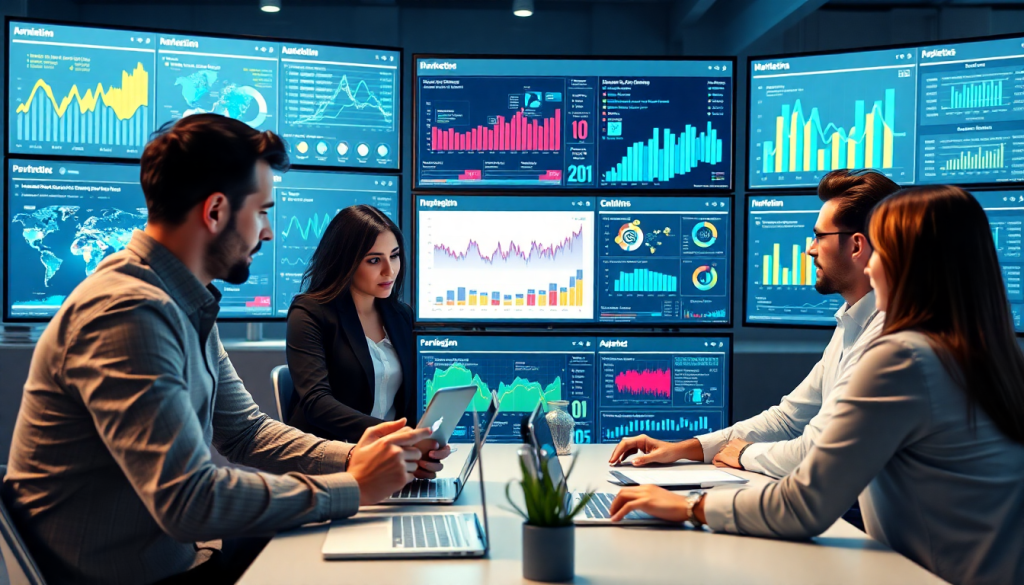 Marketing team analyzing data on an AI data visualization tool with automated dashboards, focusing on marketing analytics automation, AI reporting assistant features, cross-channel performance tracking, client analytics automation, ROI tracking dashboard, and campaign performance insights using the TapClicks AI platform.
