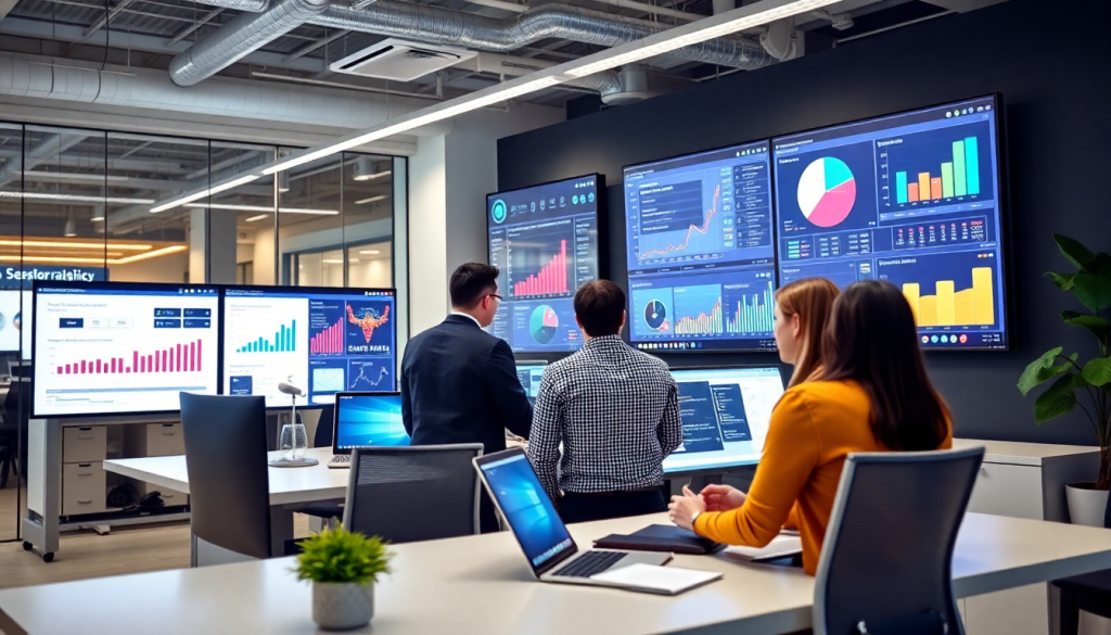 Marketing team analyzing digital marketing data visualization on a marketing analytics dashboard with automated performance reports, agency reporting automation, and client dashboard insights featuring cross-channel analytics and performance marketing KPIs.
