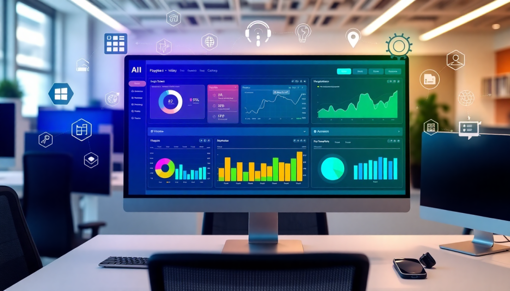 Automated KPI reporting dashboard on a computer screen showing marketing data visualization, cross-channel performance tracking, and campaign performance insights using TapClicks AI platform.