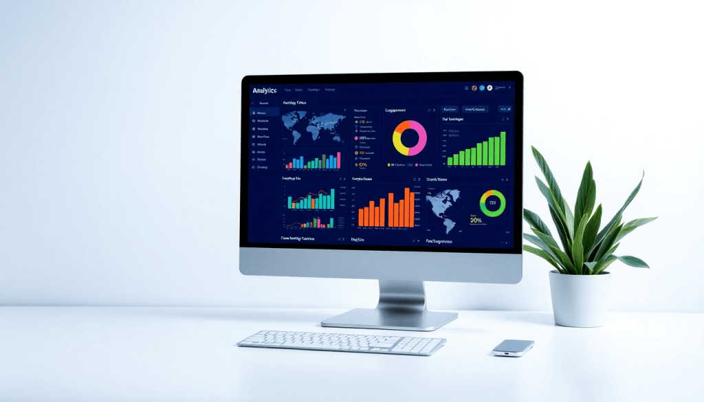 Digital marketing KPI dashboard with marketing metrics visualization, performance tracking, and campaign KPI monitoring on a computer screen.