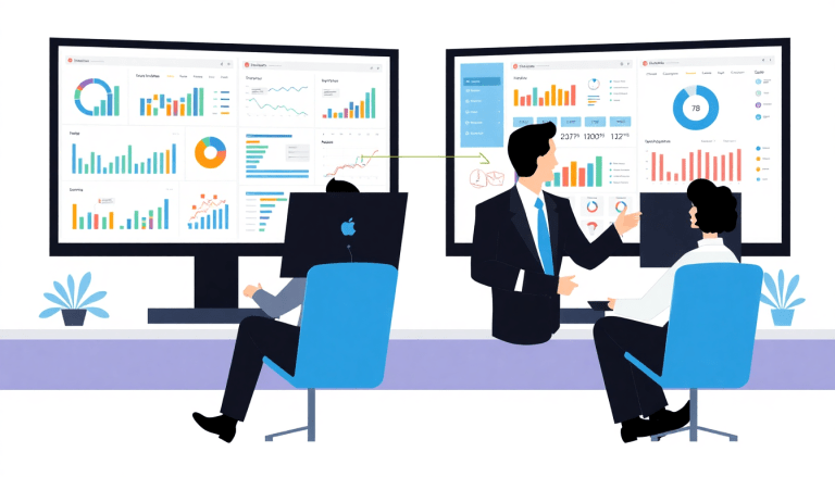 Office setting with professionals analyzing a marketing analytics dashboard on large screens, featuring automated performance reports, agency reporting automation, and cross-channel analytics.