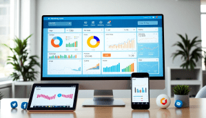 Multi-channel analytics dashboard displaying cross-channel marketing data, performance tracking, and campaign visualization on various devices.