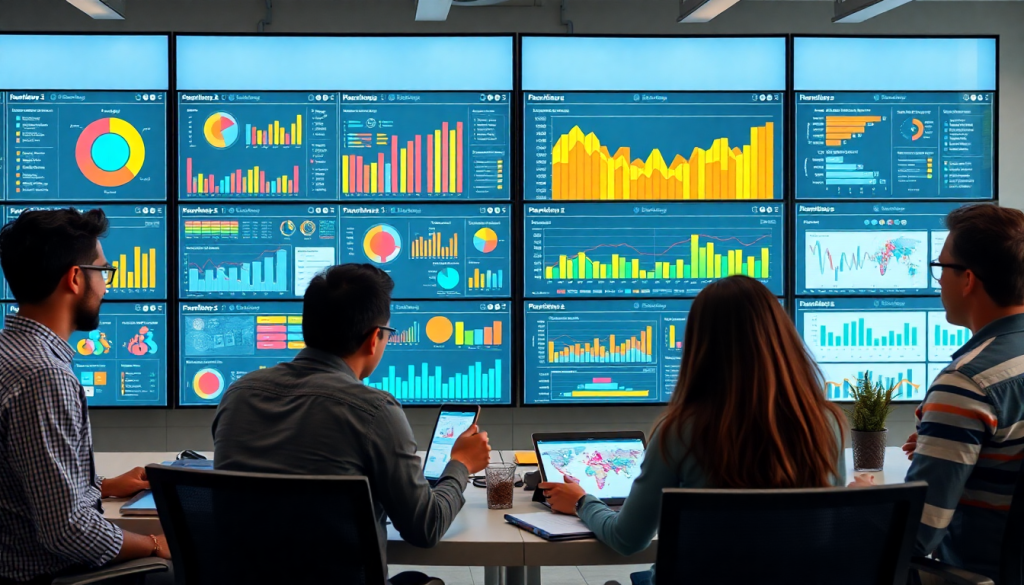 AI data visualization tool for marketing teams showcasing automated marketing analytics, AI-powered dashboards, and real-time marketing metrics on multiple screens; marketers analyze campaign performance insights and interactive data reports in a collaborative setting.