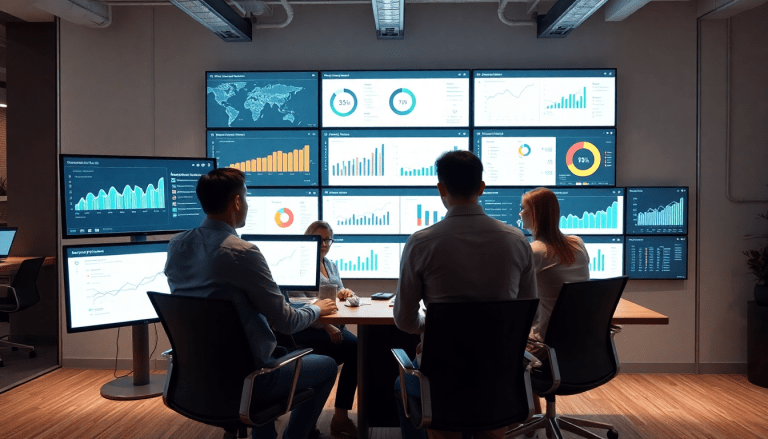 Team discussing data on screens as part of a cross-channel reporting tool and client dashboard platform for agency reporting automation, a NinjaCat alternative and best competitor for generating automated marketing reports and white-label analytics software.