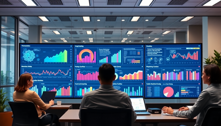 AI data visualization tool for marketing teams in use during a meeting, showcasing marketing analytics automation, automated dashboard creation, and cross-channel performance tracking on a large display screen.