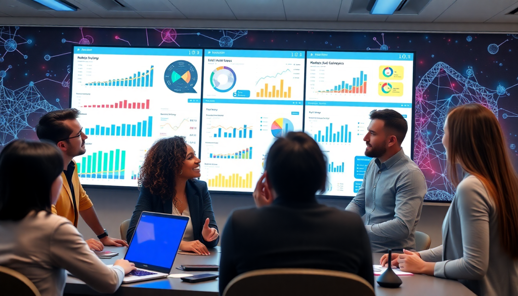 Marketing team using AI data visualization tool for marketing analytics automation, featuring automated dashboard creation and cross-channel performance tracking for improved campaign performance insights.