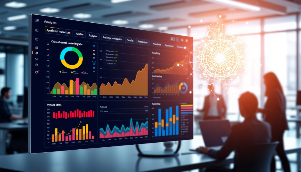 Automated KPI reporting dashboard displaying marketing analytics automation, AI reporting assistant, and cross-channel performance tracking.