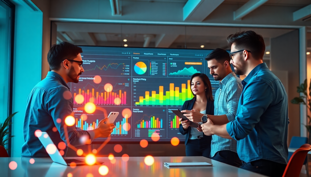 Marketing team analyzing AI data visualization tool for marketing analytics automation, featuring automated dashboard creation, cross-channel performance tracking, and ROI tracking dashboard on Tapclicks AI platform.
