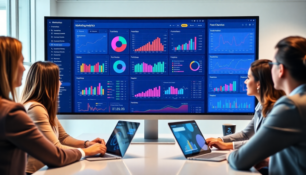 Marketing team reviewing a digital marketing analytics dashboard on a large screen, showcasing automated performance reports, cross-channel analytics, and performance marketing KPIs for agency reporting automation.