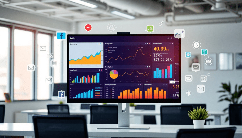 Automated KPI reporting dashboard showcasing marketing analytics automation, AI reporting assistant, cross-channel performance tracking, client analytics automation, marketing data visualization, ROI tracking dashboard, and campaign performance insights using TapClicks AI platform in an office setting.