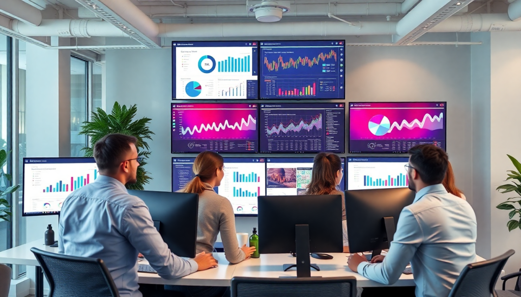 Office team using white-label marketing dashboard for agencies, featuring customizable client dashboards and cross-channel agency reporting on multiple screens.