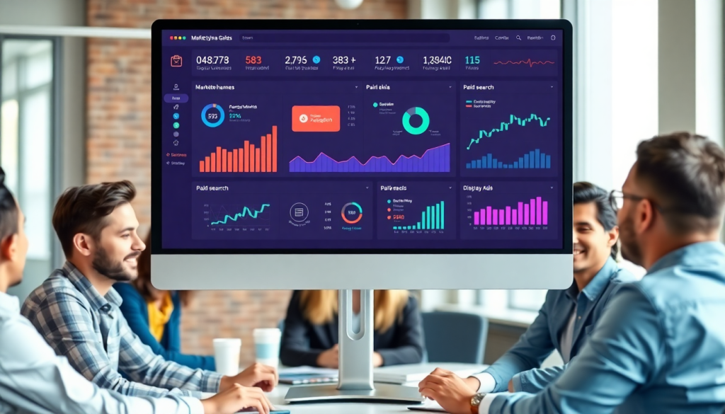 Multi-channel analytics dashboard displaying cross-channel marketing analytics and performance tracking, with various marketing data aggregation and unified reporting metrics, offering automated marketing insights and ROI tracking in a business meeting setting.
