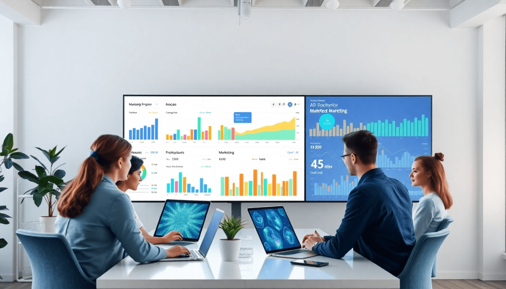 Marketing team using AI data visualization tool for marketing analytics automation and cross-channel performance tracking, featuring automated dashboard creation, client analytics, and ROI tracking on the TapClicks AI platform.