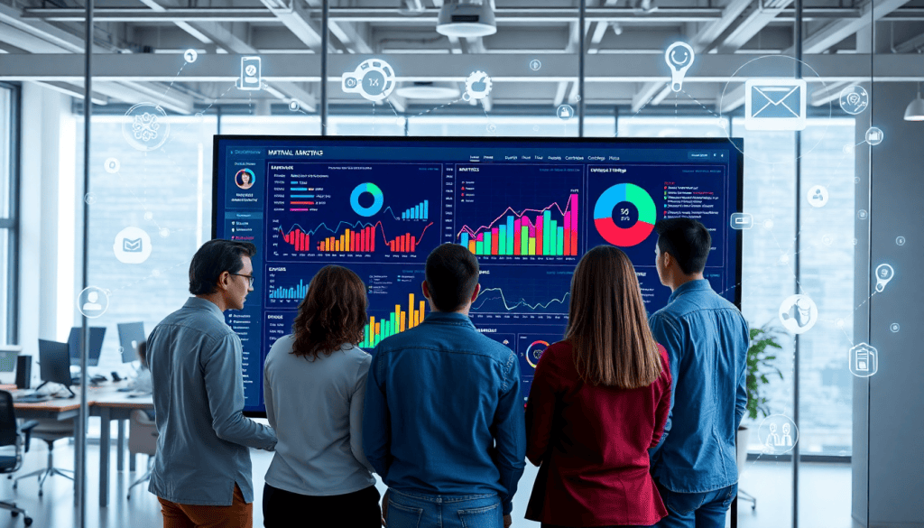 AI data visualization tool for marketing teams displaying interactive data reports and automated marketing analytics on a digital performance dashboard with real-time marketing metrics.