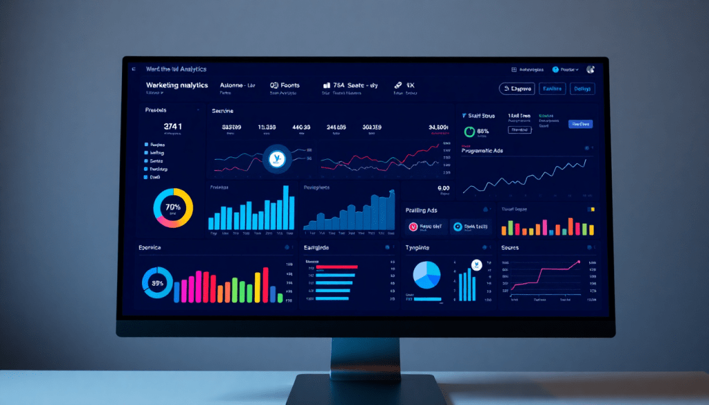 Automated KPI reporting dashboard showcasing real-time performance with AI analytics, visualizing marketing metrics and cross-channel performance insights.