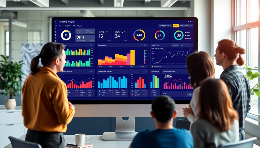 Team analyzing performance marketing reporting software on a large screen displaying automated campaign reporting, performance analytics tool, ad spend optimization dashboard, ROAS tracking platform, and digital advertising insights.