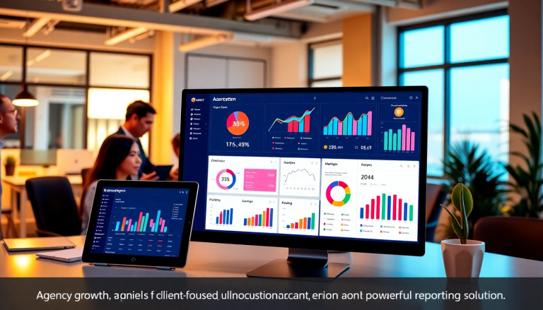 White-label marketing dashboard for agencies displayed on computer and tablet screens in a modern office, showcasing agency reporting platform, customizable client dashboards, and performance tracking for clients.