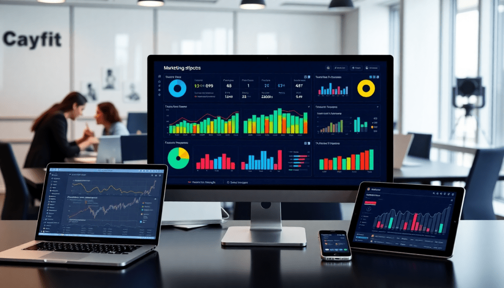Multi-channel analytics dashboard displaying cross-channel marketing analytics, performance tracking, marketing data aggregation, and campaign performance visualization on multiple devices.