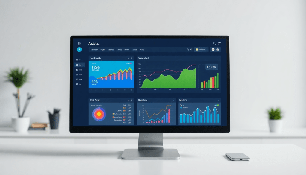 Multi-channel analytics dashboard displaying integrated marketing metrics and automated insights with graphs and charts for campaign performance visualization and ROI tracking.